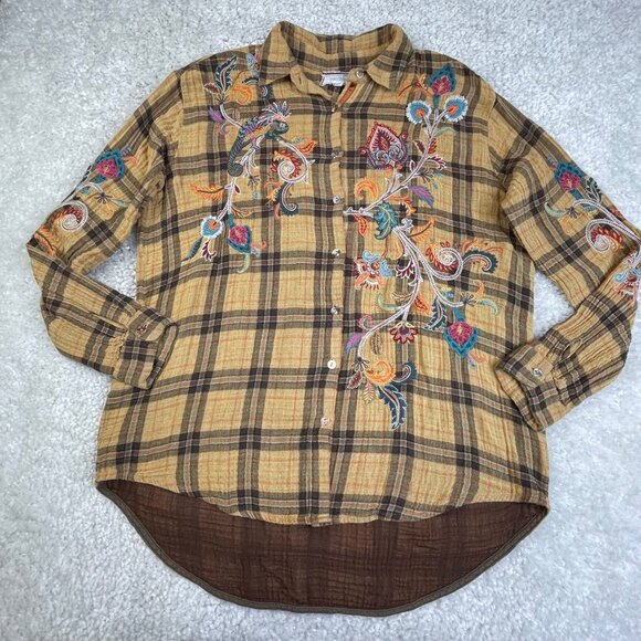 Johnny Was Workshop Plaid Embroidered Floral Long Sleeve Shirt - Picture 1 of 7